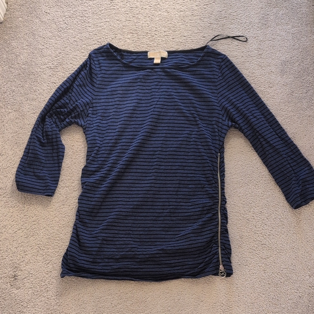 Michael Kors Navy and Black Striped Long-Sleeve Top with Side Zip